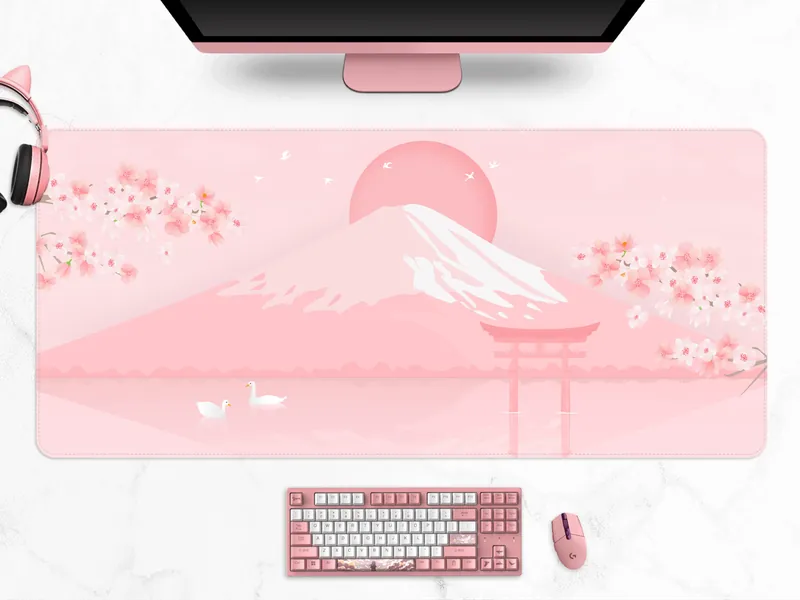 Cherry Blossom desk mat, Japanese mt Fuji landscape Aesthetics mouse pad, minimal kawaii pastel pink Sakura tree, Gaming mousepad (6 sizes)