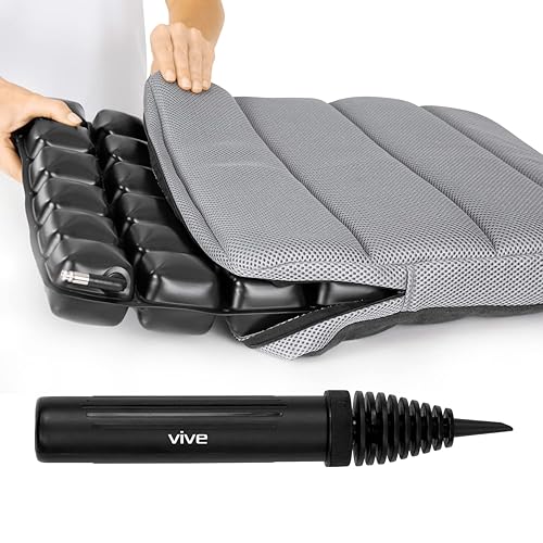 Vive Air Inflatable Seat Cushion - Adjustable Air Pressure Relief Seat, Portable - Waffle Style Tailbone Pad for Back Support, Sciatica, Coccyx Pain - for Car, Office Chair, Wheelchair - Grey