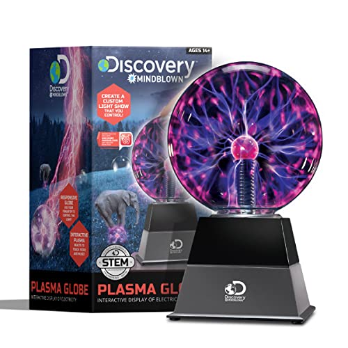 Discovery Kids 6" Plasma Globe Lamp with Interactive Electronic Touch and Sound Sensitive Lightning and Tesla Coil, Includes AC Adapter, Glass STEM Lava Lamp-Style Light for Desk, Kids Room, and More - Black