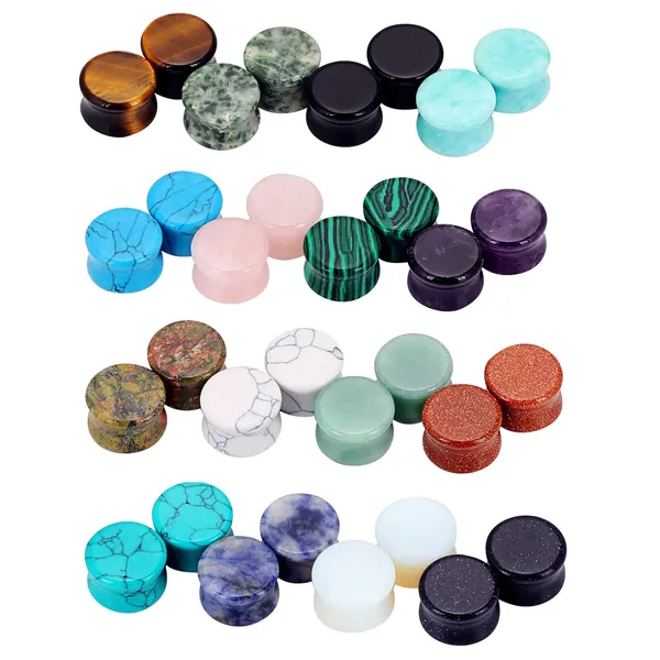 Qmcandy 6 Pairs-16 Pairs Mixed Stone Ear Plugs Tunnels Saddle Expander Body Piercing Set Gauge 8G to 3/4 inch - 32pcs, 1/2"(12mm)