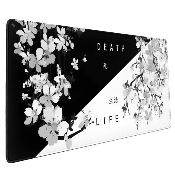 Black White Japanese Mouse Pad 35.4 X 15.7 Inch XXL Cherry Blossom Death Life Sakura Full Desk Mousepad Extended Large Non-Slip Rubber Base Big Keyboard Mat with Stitched Edges for Gaming and Office - Cherry Blossom5