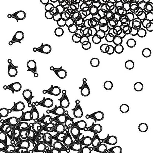 Hicarer 400 Pieces Lobster Claw Clasps with Open Jump Rings Set, 12 mm Lobster Claw Clasps Necklace Fasteners Hook and 5 mm Jump Rings for DIY Bracelet Necklace Jewelry Making (Black)
