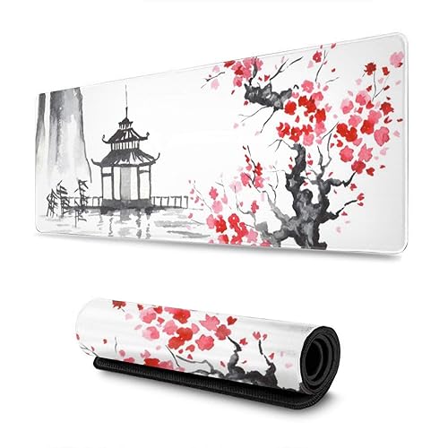 Gaming Mouse Pad XL Japanese Painting Cherry Blossom Extended Large Mouse Pad Long Desk Mat with Stitched Edges 80x30cm - 5
