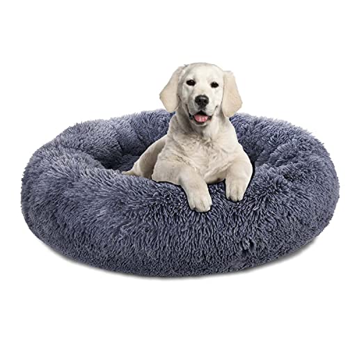 Plush Calming Dog Bed, Donut Dog Bed for Small Medium Large Dogs, Anti Anxiety Round Dog Bed, Soft Fuzzy Calming Bed for Dogs & Cats, Comfy Cat Bed, Marshmallow Cuddler Nest Calming Pet Bed - Small 23" - Dark Grey