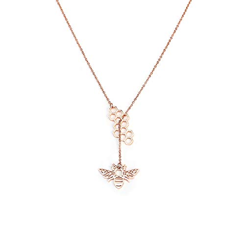 Winssigma 18K Gold Stainless Steel Bee Honeycomb Necklace, Star Moon Necklace Dinosaur Necklace spider Necklace Adjustable Y Lariat Necklace for Women - Bee - Rose Gold