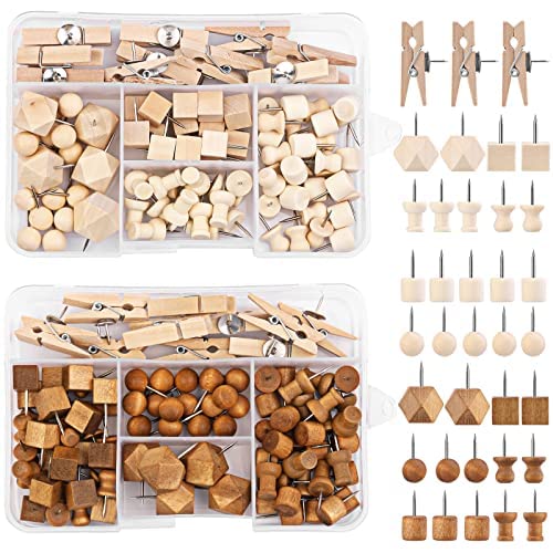 270 Pcs Wood Push Pins, 2 Colors and 7 Types Decorative Thumb Tacks Wooden Head Pin Wood Map Tacks Marking Pin, Wood Thumb Tacks Decorative for Bulletin Boards Craft Projects with Storage Box - Multicolor