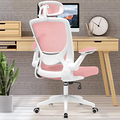 PRIME DAY DEAL | KERDOM Ergonomic Office Chair, Breathable Mesh Desk Chair, Lumbar Support Computer Chair with Headrest and Flip-up Arms, Swivel Task Chair, Adjustable Height Gaming Chair, Pink - Pink - 9060H
