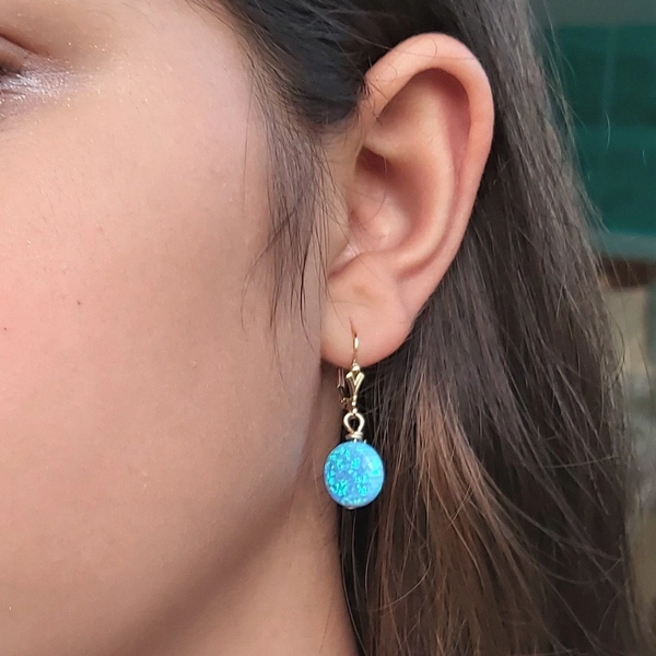 Blue Opal Earrings Dangle, 14k Gold Filled Leverback Earrings, 8mm opal, Dainty Opal Earrings, October Birthstone Earrings,Opal Jewelry