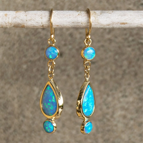 Long Gold Earrings, Blue Opal Earrings, Teardrop Earrings, 14K Gold Earrings For Women, Gemstone Earrings, October Birthstone, Fine Jewelry