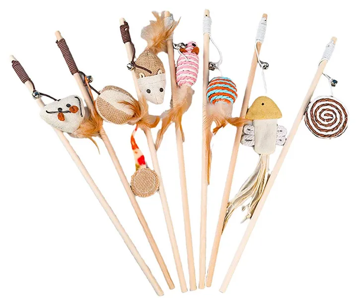 CAMITER 7 Pezzi Giochi con Piume per Gatto,Giocattoli Interattivo per Gatti,Gattino Gatto Pet Teaser Turchia Piuma interattiva Stick Toy Filo Chaser