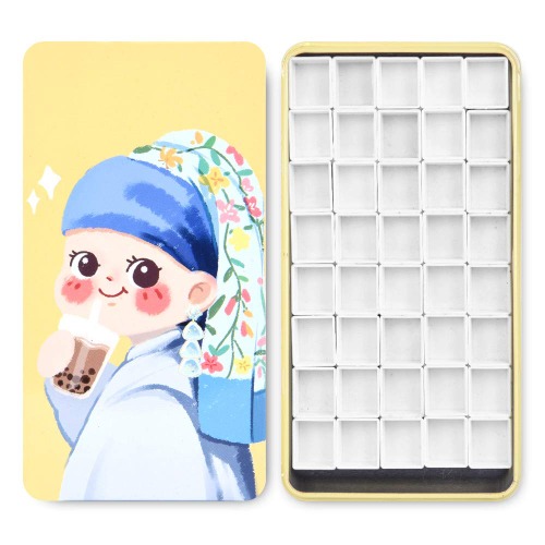 40Pcs Empty Half Pans with Magnetic Stripe Watercolor Paint Travel Tin Palette Case, Artist Paints Half Pan Kits for DIY Watercolor Oils or Acrylics Painting Art Drawing Milk Tea Girl - Milk Tea Girl With 40pcs Half Pans