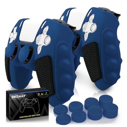 SIKEMAY Anti-Slip PS5 Controller Skin, Soft Thicken Non-Slip Studded Silicone Gel Grip Protective Cover Case for Playstation 5 Dualsense Controller Grip, 2 Pack with 8 x Thumb Grip Caps - Blue-Black