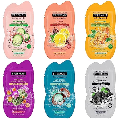 Freeman Facial Mask Variety Count: Detoxifying Clay, Purifying Charcoal, Clearing Mud, and Toning Peel-Off Beauty Facial Masks, Skincare Essentials, Reveals Healthy-Looking Skin, 6 Count - Freeman Classics 2, 6 Count