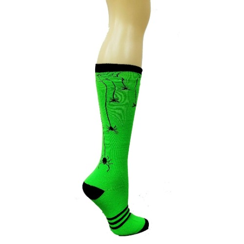 Fun Halloween Knee High Socks for Women - Green Spiders / Adult Medium