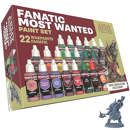 The Army Painter Warpaints Fanatic Most Wanted Set, 22 paints - 14 acrylic colours, 2 Skin Tones, 2 Metallics, 2 Effects, 1 Wash, 1 Brush-On Primer and one Free Miniature Figure