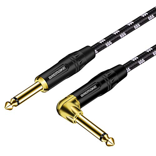 DREMAKE Straight to Right Angel Patch Cable, Black/White Tweed Quarter Inch Cable 1/4" (6.3mm) Guitar Amp, 25 Foot Guitar Cord for Acoustic Guitar,Keyboard - 25FT/7.5M - Black&White