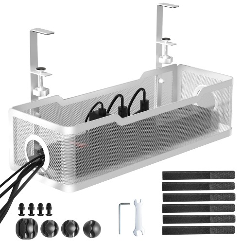 Under Desk Cable Management Tray White, Cinati Cable Management Under Desk No Drill, 15.7"Cable Tray with Clamp for Desk Wire Management,Desk Cable Management Box for Office, Home - No Damage to Desk - White