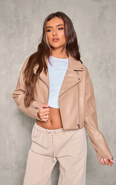 Taupe Faux Leather Zip Up Quilted Shoulder Biker Jacket