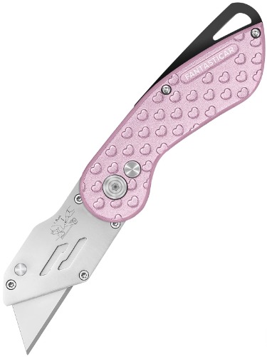 FantastiCAR Box Cutter Folding Utility Knife, Unique Metal Body, Safety Lock Button and Quick Blade Change, with Extra 5 Sharp Blades (Pink-Hearts)