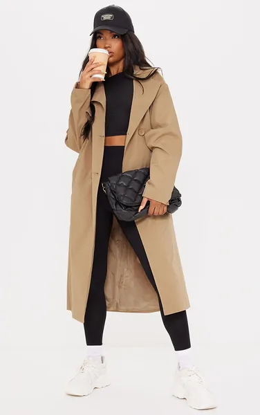 Camel Panel Front Button Down Midi Trench