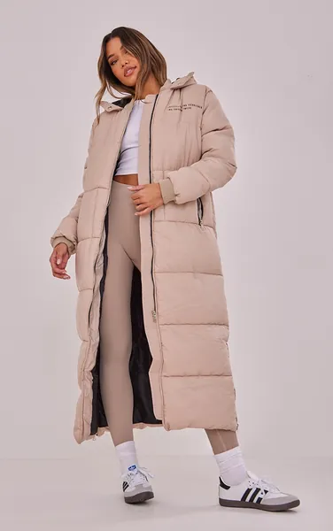 PRETTYLITTLETHING Stone Text Front Maxi Puffer Coat