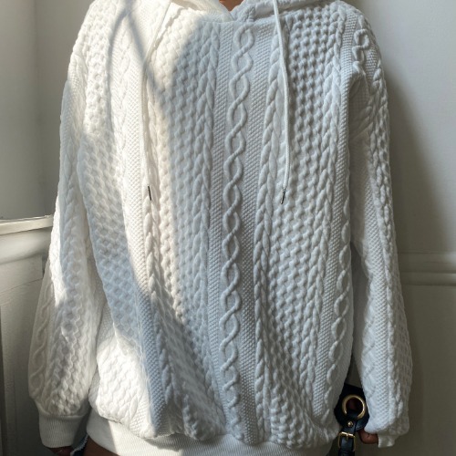 Plus Size Casual Hoodie, Women's Plus Solid Ribbed Long Sleeve Slight Stretch Hoodie Drawstring Sweatshirt