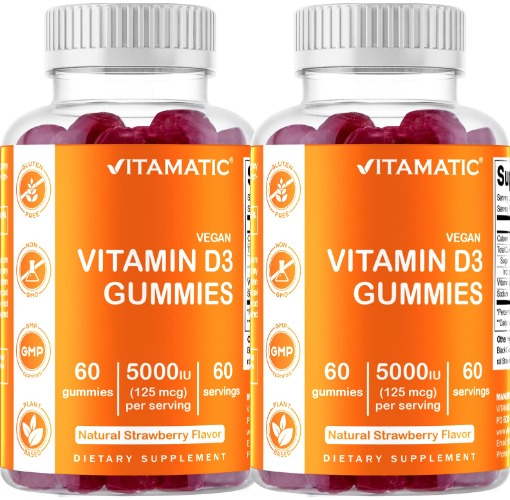 2 Pack Vitamatic Vitamin D3 Gummies - 5000 IU Per Gummy - 60 Vegan Gummies - Great Taste - Healthy Bones, Teeth, Mood, Joint & Immune System Function (Total 120 Count) - 1 count (Pack of 120) 1 option from $35.99