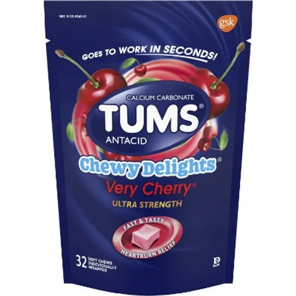TUMS Chewy Delights Ultra Strength Antacid Soft Chews for Chewable Heartburn Relief and Acid Indigestion Relief, Very Cherry - 32 Count Red