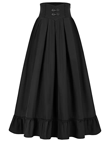 SCARLET DARKNESS Women Maxi Skirt with Pockets High Waisted Long Pleated Skirt - Black - Medium