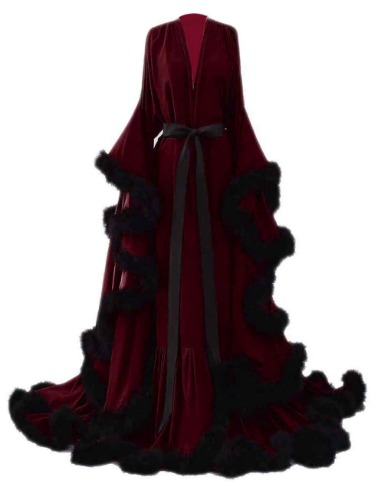 yinyyinhs Feather Bridal Robe Lingerie Robe Nightgown Bathrobe Sleepwear YY293 - Large-X-Large Burgundy-black