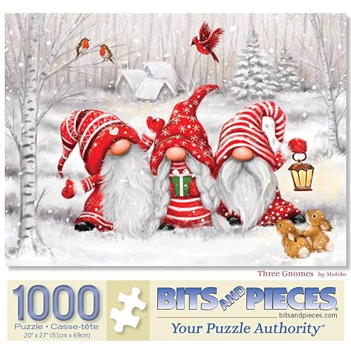 Bits and Pieces - 1000 Piece Jigsaw Puzzle for Adults 20" x 27 - Three Gnomes - 1000 pc Christmas Winter Jigsaw by Artist Makiko - 1000 pc