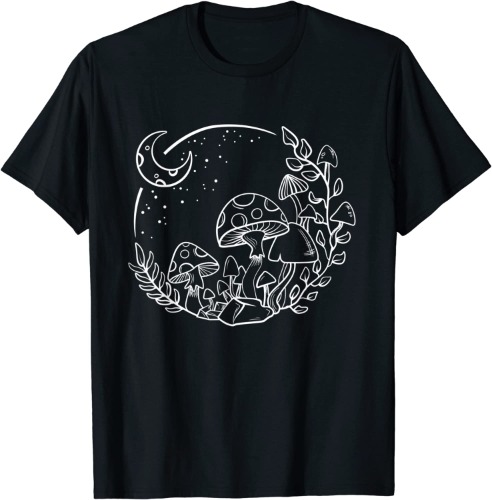Black and White Cottagecore Mushroom Aesthetic Moon Witchy T-Shirt