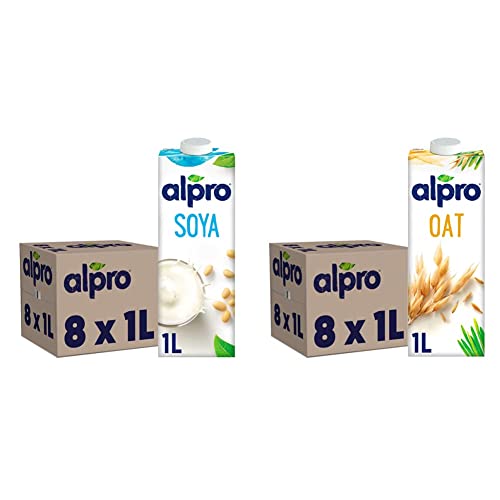 Alpro Soya Plant-Based Long Life Drink, Vegan & Dairy Free, 1L (Pack of 8) & Oat Plant-Based Long Life Drink, Vegan & Dairy Free, 1L (Pack of 8) - + Long Life Drink