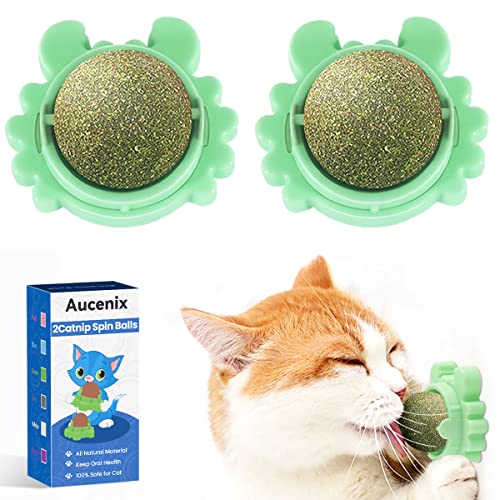 Aucenix Catnip Balls Toy for Cat, Wall Catnip Roller for Cat Licking, Teeth Cleaning Dental Edible Kitten Toy, Natural Rotating Cat Toy (Green-2pcs) - Green-2pcs