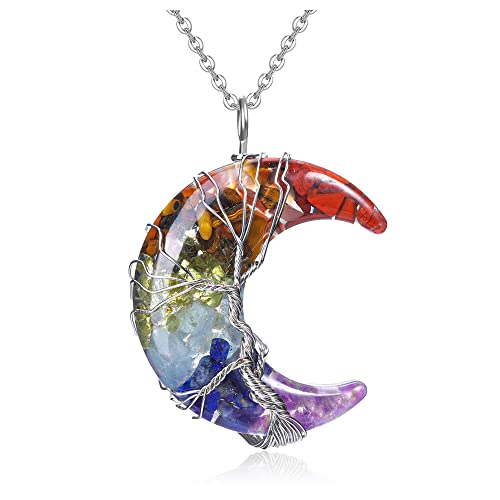 CrystalTears Chakra Crystal Necklace Tree of Life Wire Wrapped Moon Gemstone Pendant Resin Reiki Healing Quartz Crystal Stone Necklaces Jewelry for Women Gifts for Christmas - chakra