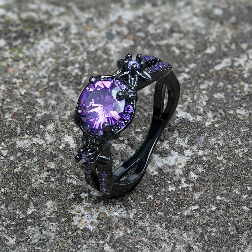 Black Diamond-Set Brass Engagement Ring - Purple / 9