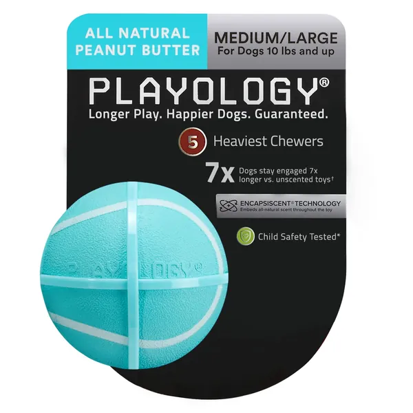 Playology Squeaky Dog Toy - Engaging All-Natural Scented Dog Toys for Small, Medium & Large Dogs - Interactive & Tough Non-Toxic Chew Toys for Teething - Medium/Large Chew Ball Peanut Butter
