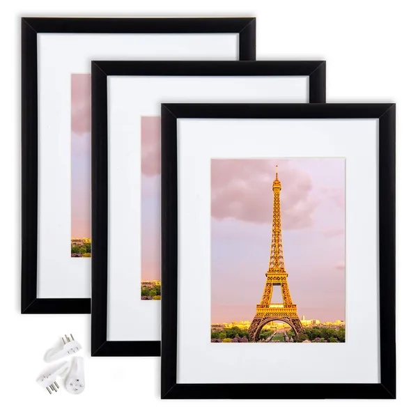 upsimples 8.5x11 Picture Frame Set of 3,Made of High Definition Glass for 6x8 with Mat or 8.5x11 Without Mat,Wall Mounting Photo Frame Black - Black 8.5x11