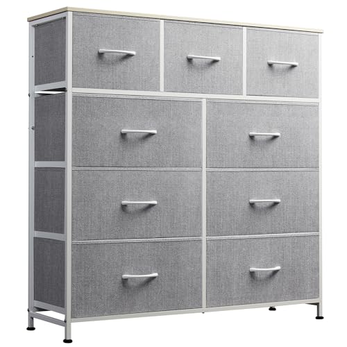 WLIVE 9-Drawer Dresser, Fabric Storage Tower for Bedroom, Hallway, Closet, Tall Chest Organizer Unit for Bedroom with Fabric Bins, Steel Frame, Wood Top, Easy Pull Handle, Light Grey - Light Grey - Modern