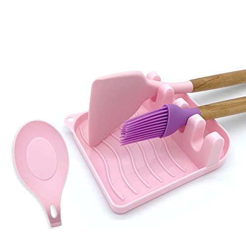 LSVGOE 2 Pack Multiple Utensil Spoon Rest with Drip Pad Non-Slip Heat Resistant Kitchen and Grill Spoon Holder for Spatula, Ladle, Tongs, Kitchen Gadgets, and Cooking Accessories (Cute Pink) - Cute Pink