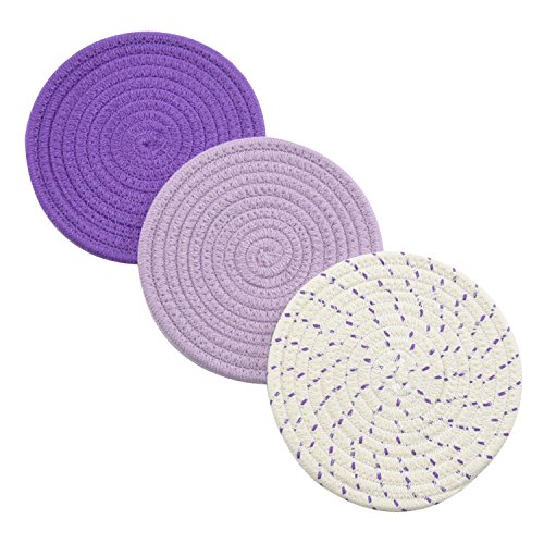Pot Holders Set Trivets Set 100% Pure Cotton Thread Weave Hot Pot Holders Set (Set of 3) Stylish Coasters, Hot Pads, Hot Mats, Spoon Rest For Cooking and Baking by Diameter 7 Inches (Purple) - Purple