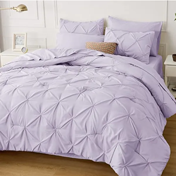 Bedsure Light Purple Comforter Set Queen - Bed in a Bag Queen 7 Pieces, Pintuck Beddding Sets Light Purple Bed Set with Comforter, Sheets, Pillowcases & Shams