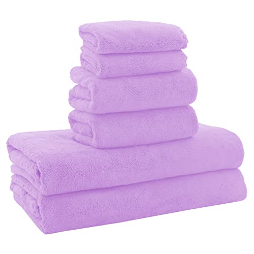 MOONQUEEN Ultra Soft Towel Set-Quick Drying - 2 Bath Towels 2 Hand Towels 2 Washcloths-Microfiber Coral Velvet Highly Absorbent Towel for Bath Fitness,Bathroom,Sports,Yoga, Travel(Purple, 6 Pcs) - Purple