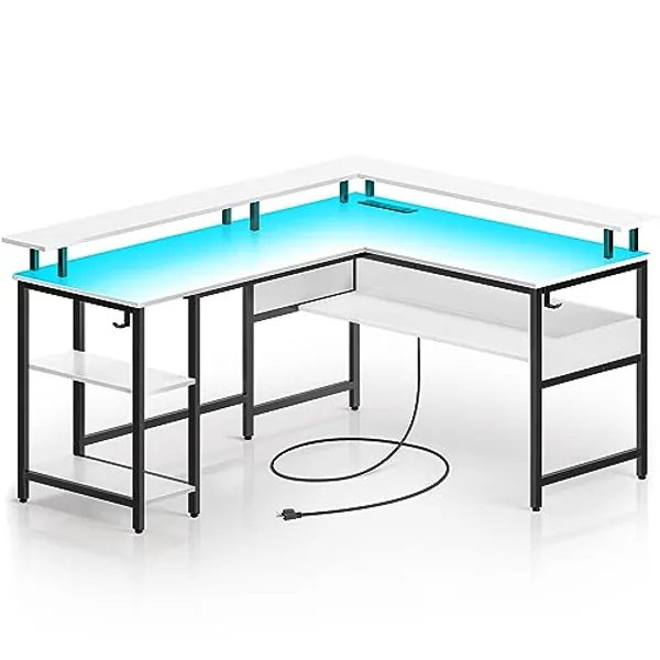 Rolanstar Computer Desk L Shaped 59.4" with LED Lights and Power Outlets, Reversible L Shaped Gaming Desk with Monitor Stand, Home Office Desk with Storage, Desk with USB Port and Hook, White
