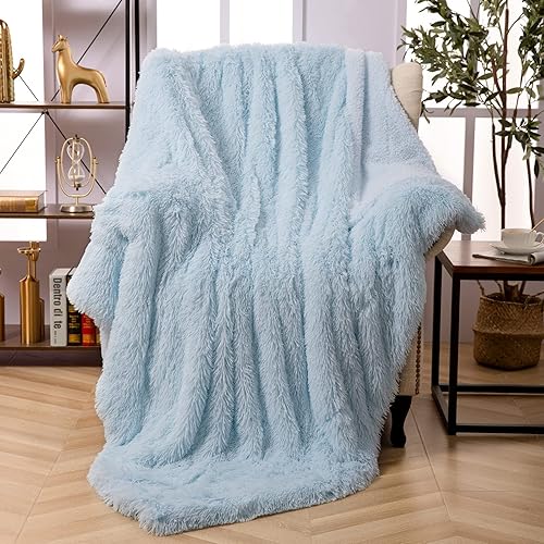 Faux Fur Throw Blanket, Super Soft Lightweight Shaggy Fuzzy Blanket Warm Cozy Plush Fluffy Decorative Blanket for Couch,Bed, Chair (Light Blue, 51"x63") - Throw - Light Blue