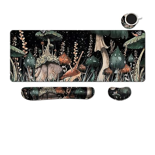 MIBITRI Keyboard Mouse Pad Set, Extended Gaming Mouse Pad+Ergonomics Keyboard Wrist Rest Support, Memory Foam, Easy Typing Pain Relief, 4Pcs XXL Ultra Thick Desk Mat, Snails and Mushroom - Snails and Mushroom