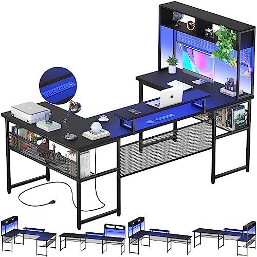 Unikito U Shaped Desk with Hutch, Reversible L Shaped Computer Desk with Power Outlets and LED Strip, Large Office Table with Monitor Stand and Storage Shelves, 83 Inch U Shape Gaming Desk, Black - Black