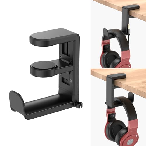 PC Gaming Headset Headphone Hook Holder Hanger Mount, Headphones Stand with Adjustable & Rotating Arm Clamp, Under Desk Design, Universal Fit, Built in Cable Clip Organizer EURPMASK - Black