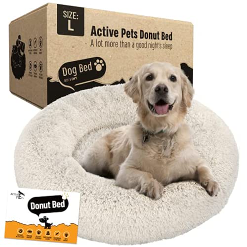 Active Pets Plush Calming Donut Dog Bed - Anti Anxiety Bed for Dogs, Soft Fuzzy Comfort - for Large Dogs, Fits up to 100lbs, 36" x 36" (Large, Beige) - Large 36" - Beige