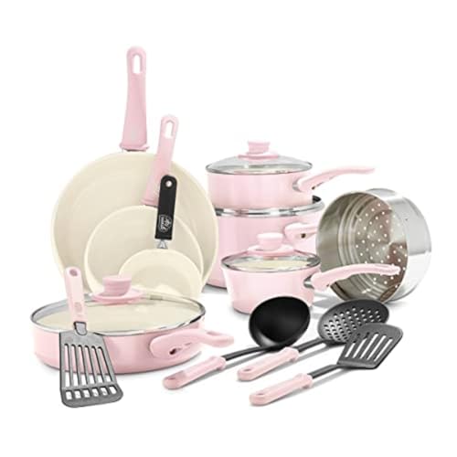 GreenLife Soft Grip Healthy Ceramic Nonstick 16 Piece Kitchen Cookware Pots and Frying Sauce Saute Pans Set, PFAS-Free with Kitchen Utensils and Lid, Dishwasher Safe, Soft Pink - Soft Pink - 16 Piece Cookware Set - Cookware Set